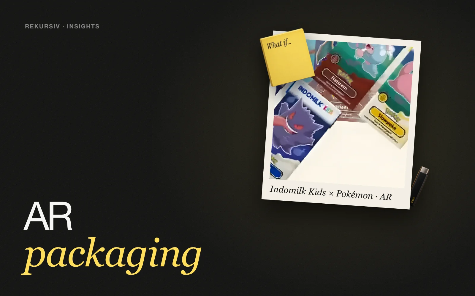 A Pokémon AR game played from an Indomilk Kids pack, as a polaroid on a desk