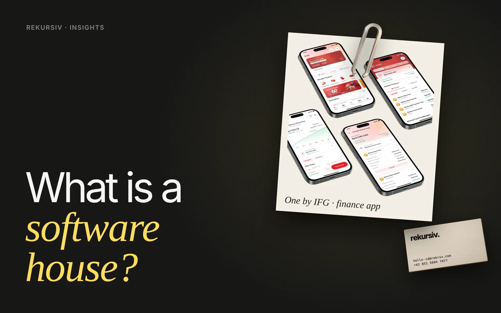 The One by IFG finance app as a polaroid, with a paper clip and a rekursiv business card